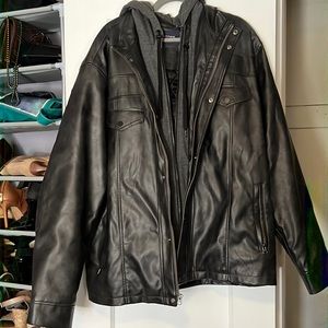 Men’s faux leather full zip jacket with sweatshirt hood attachment